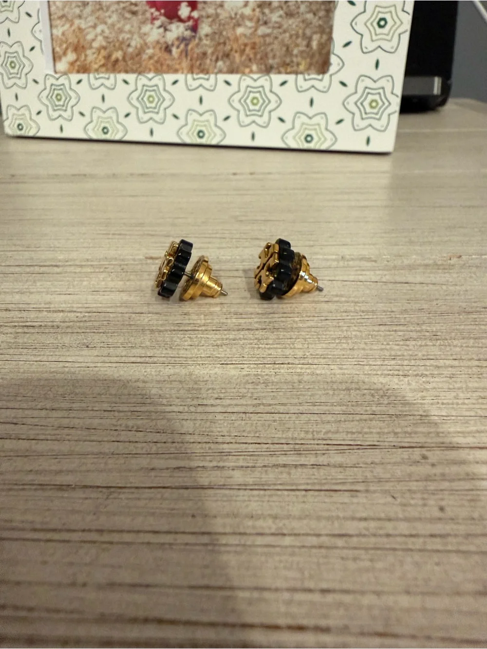 Tory Burch Black and Gold Logo Cluster Stud Earrings